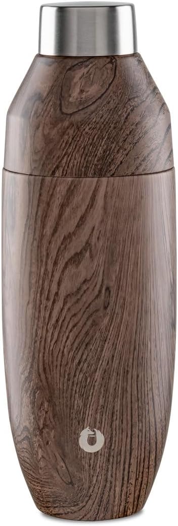 SNOWFOX Premium Vacuum Insulated Stainless Steel Cocktail Shaker, Home Bar Accessories, Elegant Drink Mixer, Leak, Proof Lid With Jigger & Built, In Strainer, Dark Walnut, 22oz.