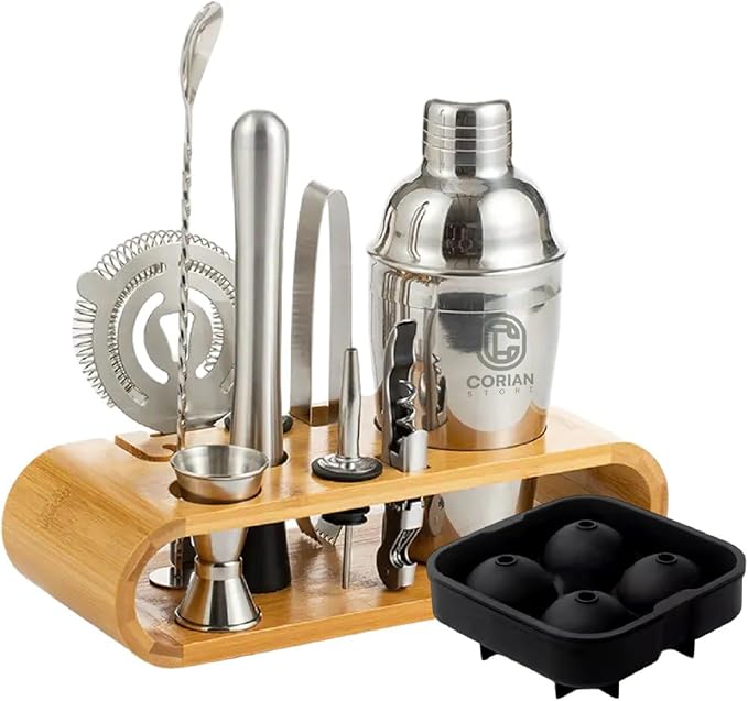 Cocktail Shaker Set Bartender Kit with Stand – Professional Bar Set for Home Bar – Martini Shaker, Jigger, Muddler & Strainer – Complete Drink Mixer & Bar Tools Set for Cocktails and Mixology 10 Pcs