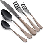 20-Piece Black Silverware Set 18/0 Stainless Steel Silverware Set Brown Handle Cutlery Set Service for 4 Dinner Knives Forks Spoons Set Flatware Set Finish Dishwasher Safe