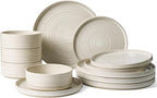 Stoneware Dinnerware Sets, Dish Set for 4, 12 Pieces Spiral Dishware Set with Straight Rim, Speckles & Reactive Glaze - Microwave and Dishwasher Safe Tableware, Shell Beige