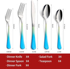 Colorful Silverware Set 20 Piece 18/0 Stainless Steel Flatware Blue and Yellow Handle Cutlery Set Service for 4 Fork Knife Spoon Set Mirror Finish Dishwasher Safe