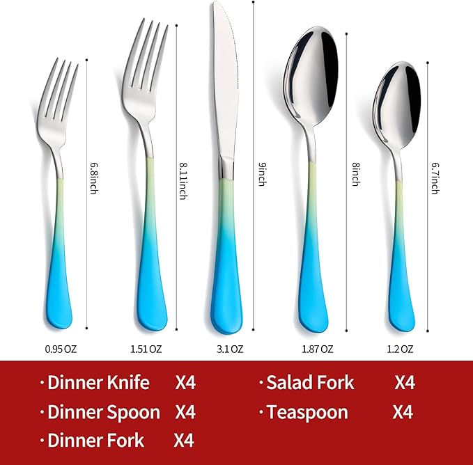 Colorful Silverware Set 20 Piece 18/0 Stainless Steel Flatware Blue and Yellow Handle Cutlery Set Service for 4 Fork Knife Spoon Set Mirror Finish Dishwasher Safe
