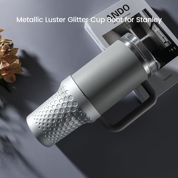 Metallic Glitter Boot for Stanley, Silicone Protector Sleeve Accessories for Stanley Quencher H2.0 FlowState Tumbler 40oz / Stanley Adventure Quencher Tumbler 40oz (Silver)