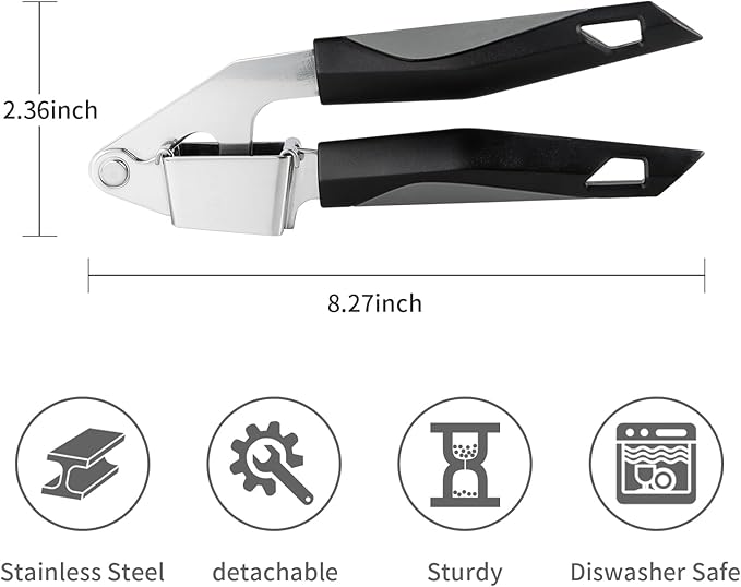 Garlic Press Stainless Steel, Professional Manual Garlic Mincer Garlic Crusher for Kitchen Use, Easy to Squeeze and Clean, Rust Proof and Dishwasher Safe, 8.26-Inch, Black