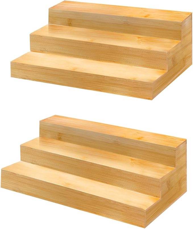 Spice Rack Organizer for Cabinet - Bamboo Spice Shelf, 3 Tier Seasoning Organizer for Countertop, Kitchen, Pantry 2 Pack