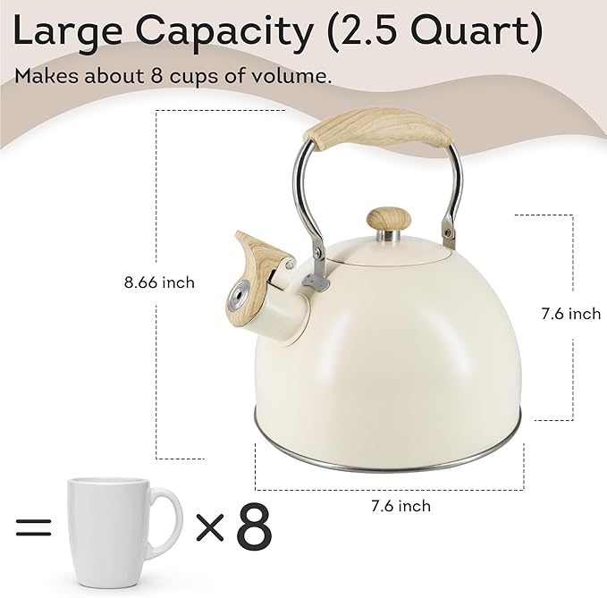 Lily's Home Whistling Tea Kettle, Teapot for Stovetop, Pleasant Whistle Sound, Heat Resistant Plastic Handle - Faux Wood Finish, Non Toxic Stove Kettle for Boiling Water - 2.5 Quarts (Cream)