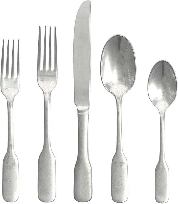 FORTESSA Ashton 18/10 Stainless Steel Flatware, 5 Piece Place Setting With Knife, Forks and Spoons (Service For 1), Dishwasher Safe, Antiqued