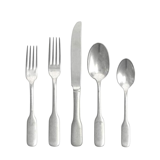 FORTESSA Ashton 18/10 Stainless Steel Flatware, 5 Piece Place Setting With Knife, Forks and Spoons (Service For 1), Dishwasher Safe, Antiqued