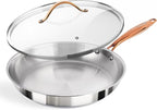 12 Inch Tri-Ply Stainless Steel Frying Pan with Lid, Professional Quality Skillet Suitable for All Stove, Oven and Dishwasher Safe, PFOA PTFE PFOS Free, Fast and Even Heating