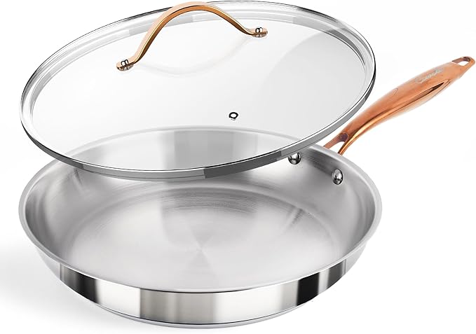 12 Inch Tri-Ply Stainless Steel Frying Pan with Lid, Professional Quality Skillet Suitable for All Stove, Oven and Dishwasher Safe, PFOA PTFE PFOS Free, Fast and Even Heating