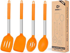 Pack of 4 Silicone Cooking Utensils Set, Non Stick Large Solid Spatulas, Heat Resistant Slotted Spoons, Ideal BPA Free Kitchen Turners for Frying, Mixing,Serving,Draining,Turning,Stirring (ORANGE)