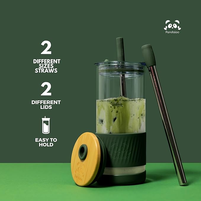 Pandaloo® Glass Cups With Lids and Straws -20 Fl Oz- Perfect Size Iced Coffee Cup - Smoothie Cup With Bamboo Lid and On the go Lid - Glass Tumbler With Straw (1 Count (Pack of 1), Mediterranean Olive)