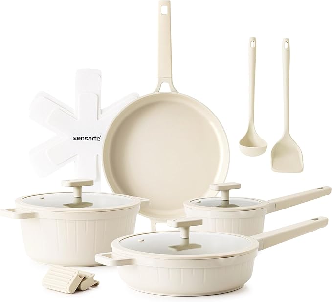 SENSARTE Ceramic Cookware Set Non-toxic 14 Pcs, Nonstick Pots and Pans Set, Dishwasher Safe Induction Cookware, Healthy Kitchen Cooking Set, PFOA/PFAS/PTFE Free