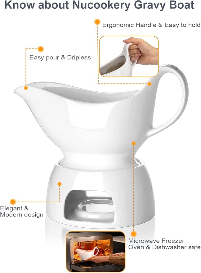 Nucookery Large Classic 17 Oz Gravy Boat with Warmer, White Fine Porcelain Saucier with Big Dripless Lip Spout, Bowl For Thanksgiving, Warming Sauces, Salad Dressings, Milk, Microwave & Freezer Safe