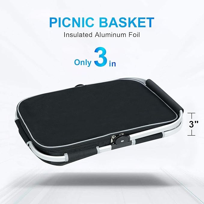 30L Large Picnic Basket, Foldable and Insulated Wild Outdoor Camping Picnic Large Capacity Picnic Basket with Handle for Picnic, Takeout, Shopping, Camping, Traveling (Black)