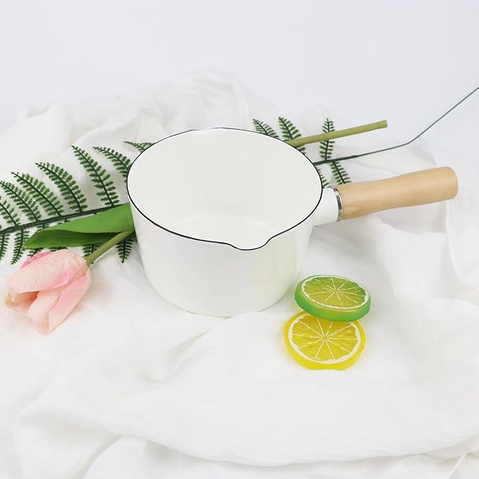 Enamel Milk Pan with Dual Pour Spout Butter Warmer with Wooden Handle Soup Pot Enamelware Saucepan Pan for Home Kitchen Cooking Heating Boiling