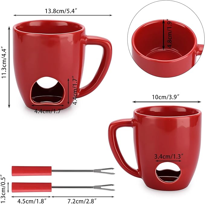 BSTKEY 230ML Personal Chocolate Fondue Mug Set, Ceramic Butter Warmer Set, Mini Melt Hot Pot Cup Set for Cheese Chocolate Butter Caramel, with 2 Forks (Red)