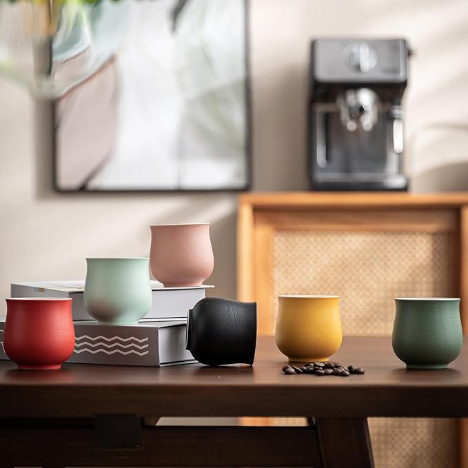 4-Oz Ceramic Espresso Cups Set - Multi-Color, Handle-Free Design for Home & Cafe | Dishwasher-Safe Stoneware Cups (yellow, 4)