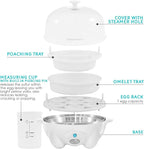 Elite Gourmet EGC-007## Rapid Egg Cooker, 7 Easy-To-Peel, Hard, Medium, Soft Boiled Eggs, Poacher, Omelet Maker, Auto Shut-Off, Alarm, 16-Recipe Booklet, White