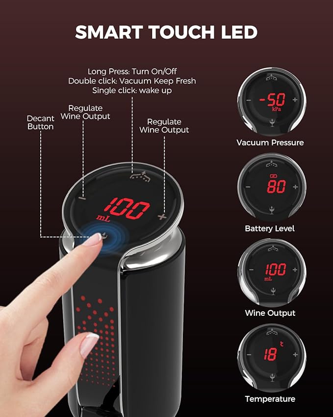 Luxurious 3-in-1 Electric Wine Aerator, Decanter, Dispenser & Vacuum Pump. Touch Screen LED Display - Wine Preservation System with Temp Monitor, Gift for Wine Lovers Women Men (Black/Silver)