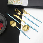 JASHII Luxury 18/10 Blue Handle Flatware Gold Silverware Set 304 Stainless Steel Flatware Cutlery Set| 20-Piece Adaline Royal Modern Satin Finish| BEST Birthday Wedding Gift (Blue Handle Matte Gold)