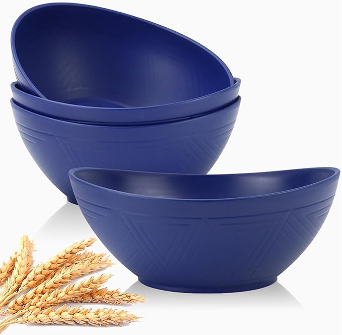 Homienly Wheat Straw Bowls, 9.6 inch Salad Bowls, Large Serving Dishes for Wedding Parties, Camping, 60 OZ Bowl Set for Salad, Popcorn, Oval Shape, Microwave & Dishwasher Safe, Set of 4, Dark Blue
