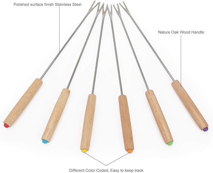 STYDDI Fondue Fork, 18Pcs Stainless Steel Color Coding Fondue Forks with Wooden Handle for Chocolate Fountain Cheese Fondue Roast Marshmallows, 9.5 Inch