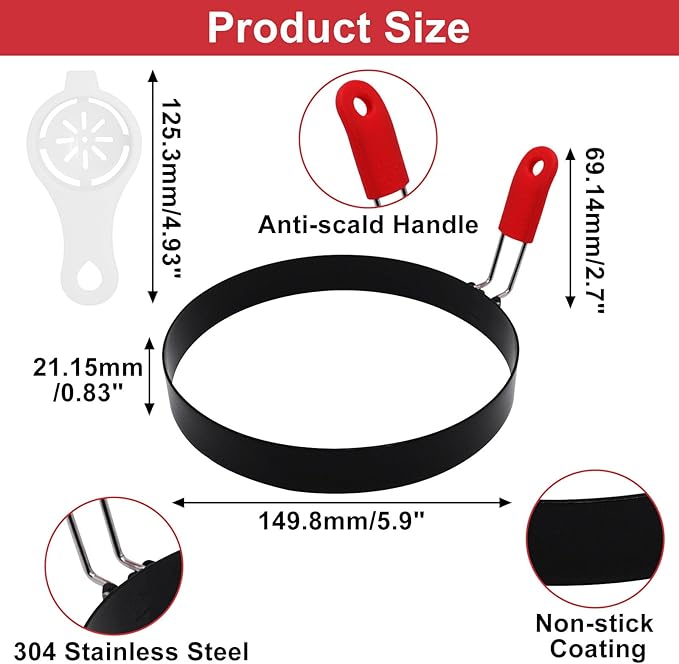 6 Inch Large Egg Rings for Frying Eggs with Foldable Handle, 2 Pack Stainless Steel Round Egg Shaper, Eggs Mcmuffin Ring Mold for Camping Pancake Sandwiches