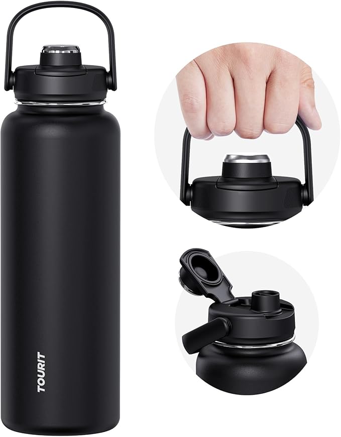 TOURIT 40 oz Insulated Water Bottle, Stainless Steel Sports Water Bottles With Top Handle, Double-Wall Travel Thermal Water Flask, BPA Free Leakproof Water Bottle for Sports and Travel, Black