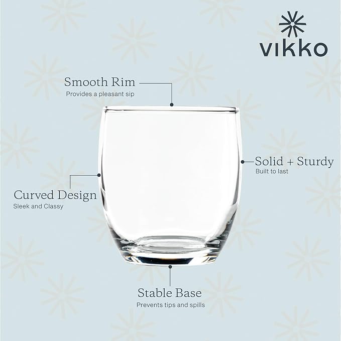 Vikko Drinking Glasses, 8 Ounce Water Glass, Thick and Durable Glass, For Water, Juice, Soda, or Wine, Dishwasher Safe, Set of 6 Small Clear Tumblers, 2.9” Diameter x 3.2” Tall
