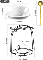 Yedio 4 oz Espresso Cups with Saucers and Metal Stand, Spoons, Porcelain Stackable Coffee Cups, Demitasse Cups, Perfect for Single or Double Espresso, Cappuccino, Latte and Tea - Set of 6, White