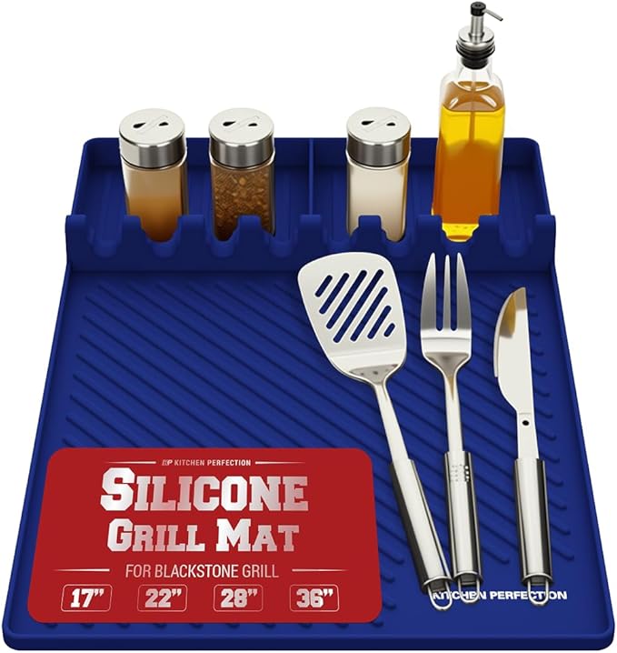 Kitchen Perfection Silicone Grill Mat for Blackstone Griddle Accessories - Silicone Tools & Spatulas Mat with Drip Pad - Keeps Your Griddle Clean and Your Utensils Organized - Great BBQ Gift