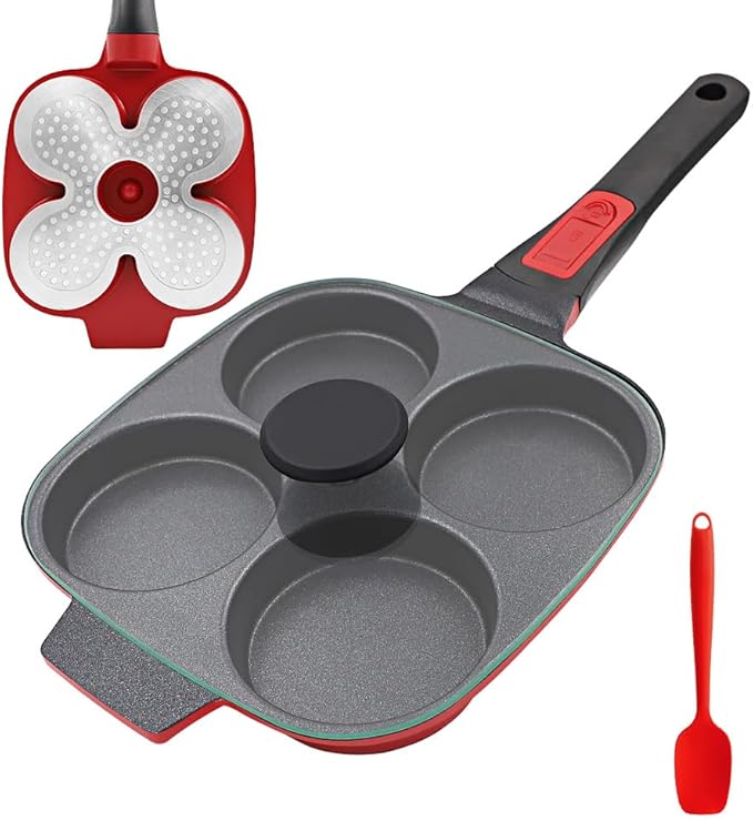 4-Cup Egg Pan with Lid, Nonstick Omelette Skillet with Detachable Handle, Pancake Pan Egg Cooker Induction Compatible