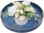 MAONAME 13" Round Decorative Tray, Marbling Plastic Tray with Handles, Coffee Table Trays for Ottoman, Kitchen, Bathroom, Blue