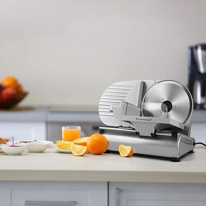 Techwood Electric Meat Slicer, 200W Electric Deli Food Slicer with 9” Removable Stainless Steel Blade & Adjustable Thickness Dial, for Home Use, Ideal for Meat Jerky, Hard Cheese, Vegetables & Bread