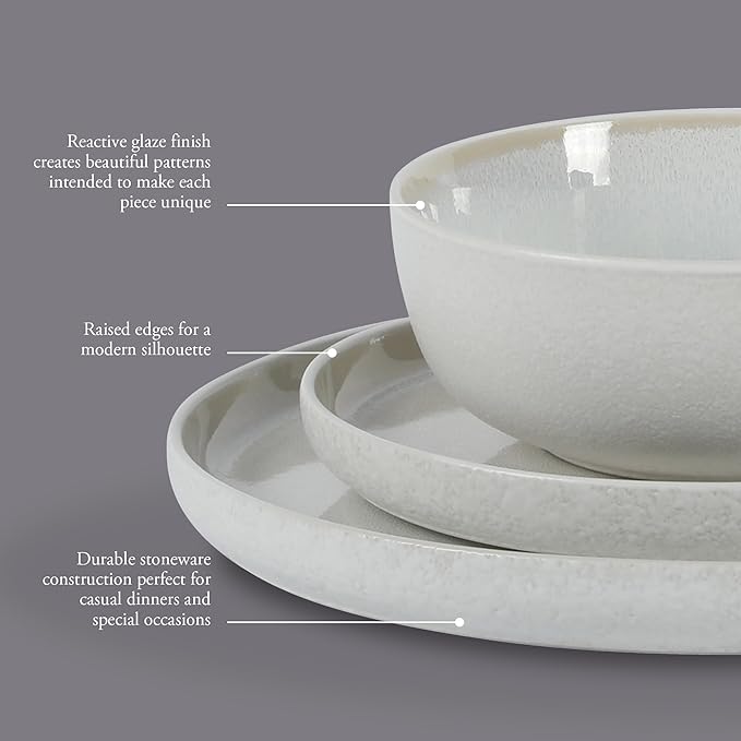 Gibson Elite Tahoe Sunset 12 Piece Stoneware Reactive Glaze (Service for 4) Ceramic Plates and Bowls Dinnerware Set - Cream White