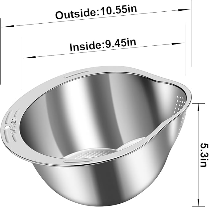 KesaPlan Rice Washer Strainer Bowl, 4-in-1 Washer Bowl Stainless Steel Rice Rinser Strainer Sink Colanders With Side Drainers for Cleaning Fruits, Vegetables, and Beans, Versatile Kitchen Tool