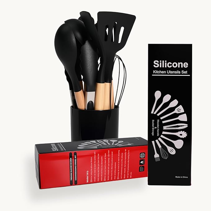 Silicone Cooking Utensil Set,12 PCS Cooking Cookware Kitchen Utensils Set, Nonstick 446°F Heat-Resistant Cookware Kitchen Tools of Spatula,Turner Tongs,Spoon,Brush,Whisk,（black）