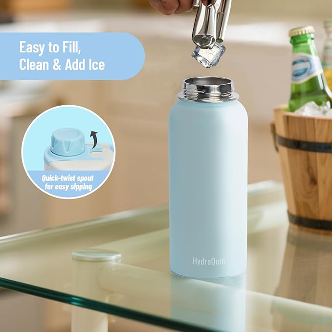 32oz Water Bottle with Comfort Grip Handle, HydroQuin Gym Water Bottle, Insulated Steel Water Bottle with Wide Mouth, No Straw