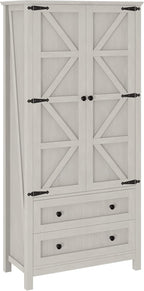 DWVO 64.5" H Kitchen Pantry Cabinet, Storage Cabinet with Barn Doors, 2 Drawers and Adjustable Shelves, Farmhouse Cupboard for Dining Room, Living Room, Bathroom, Off White