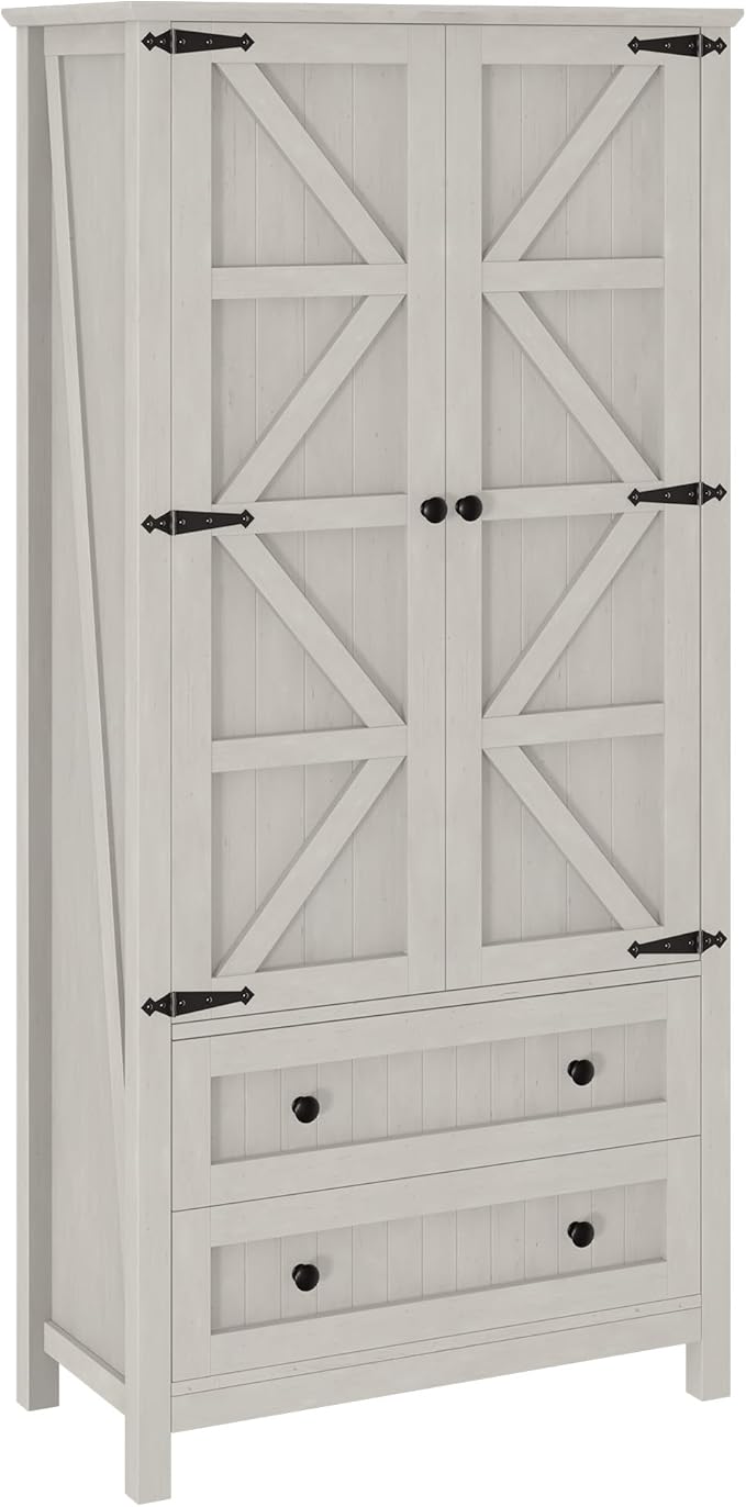 DWVO 64.5" H Kitchen Pantry Cabinet, Storage Cabinet with Barn Doors, 2 Drawers and Adjustable Shelves, Farmhouse Cupboard for Dining Room, Living Room, Bathroom, Off White