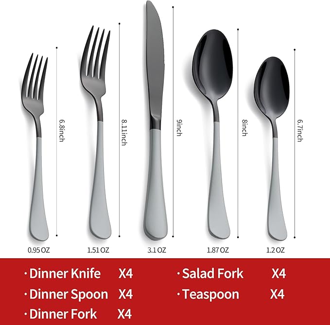 20-Piece Black Silverware Set 18/0 Stainless Steel Flatware Gray Handle Cutlery Set Service for 4 Dinner Knives Forks Spoons Set Mirror Finish Dishwasher Safe