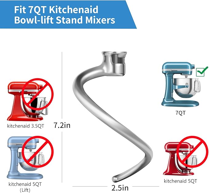 Stainless Steel Dough Hook Replacement for KitchenAid 7 QT Bowl-lift Stand Mixers, Stainless Steel Spiral Dough Hook Attachment for Kitchen aid attachment parts, Dishwasher Safe