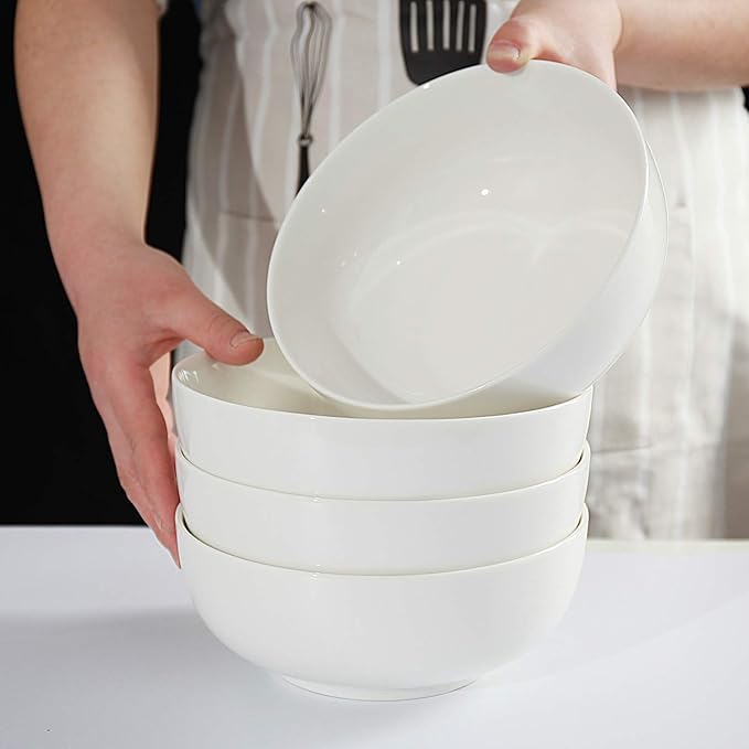 32 Ounce Large Cereal Bowls, Salad Bowls, Pasta Bowls, Soup Bowls, Pho Bowls, Chunni Durable Porcelain White Bowls Set of 4