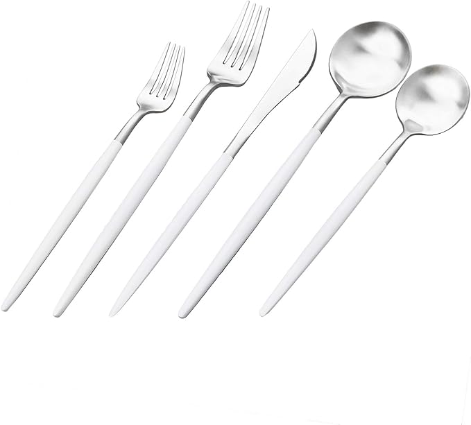 Gugrida White Silver Flatware, Royal 20-Piece Matte White Handle 18/10 Stainless Steel Tableware Sets for 4 Including Forks Spoons Knives, Camping Silverware Travel Utensils Set Cutlery (White Silver)