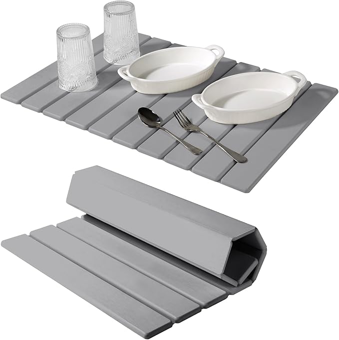 Large Stone Dish Drying Mat for Kitchen Counter – Foldable, Quick Dry, Ultra Absorbent Diatomaceous Earth Mat for Dishes, Bottles, Cups, Countertops & Bathroom, 24"×16" (Gray)