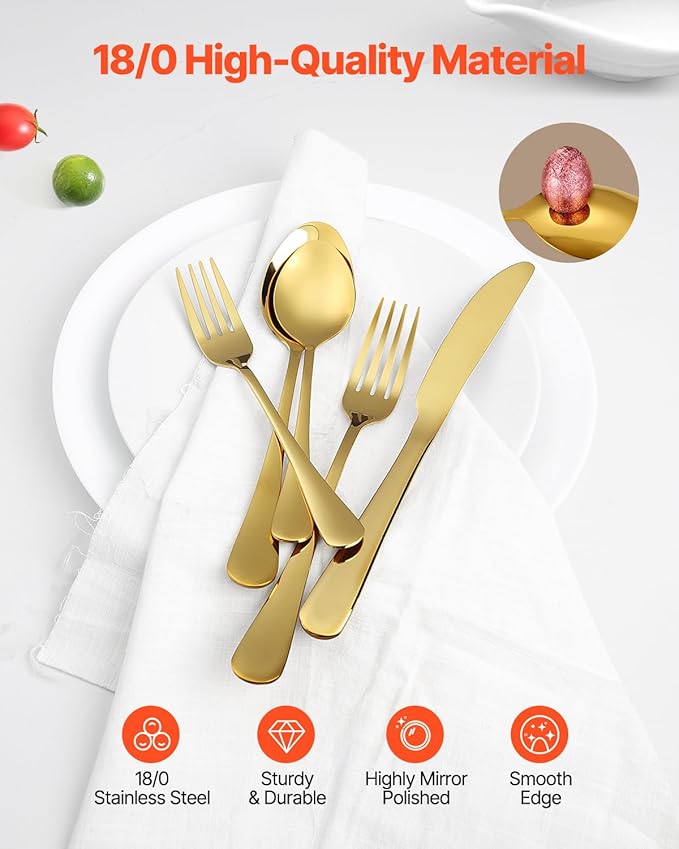 VEVOR 100-Piece Gold Silverware Set, Food-Grade Stainless Steel Flatware Utensils for 20, Mirror Finished Cutlery Set, Dishwasher Safe Eating Tableware for Kitchen Home, Include Knife Fork Spoon