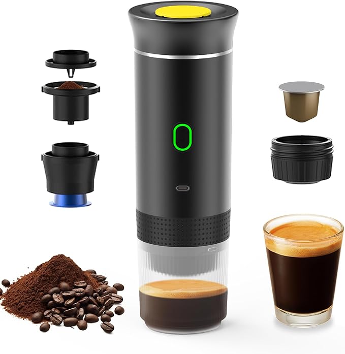 Decdeal Cordless Coffee Machine for Car Home Travel 3 in 1 Electric Coffee Maker Work With Capsule and Ground Coffee 15Bar Mini Cold Brew and Heating Coffee Maker with 150ml Cup