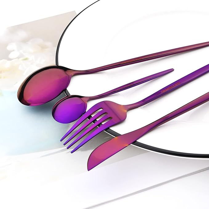 Purple 36-Pieces Silverware Flatware Mirror Polished Dinnerware, 18/0 Stainless Steel Cutlery Set For Home Kitchen Party Hotel Restaurant Wedding Service for 6