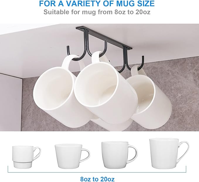 Mug Rack Under Cabinet - Coffee Cup Holder, 12 Mugs Hooks Under Shelf, Display Hanging Cups Drying Hook for Bar Kitchen Utensils Black